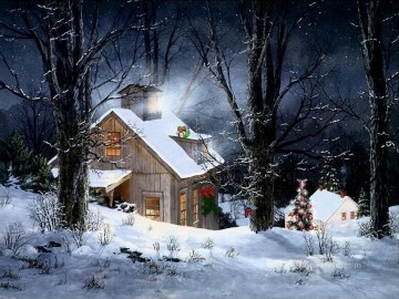 Snow Painting - Christmas cottages snowing